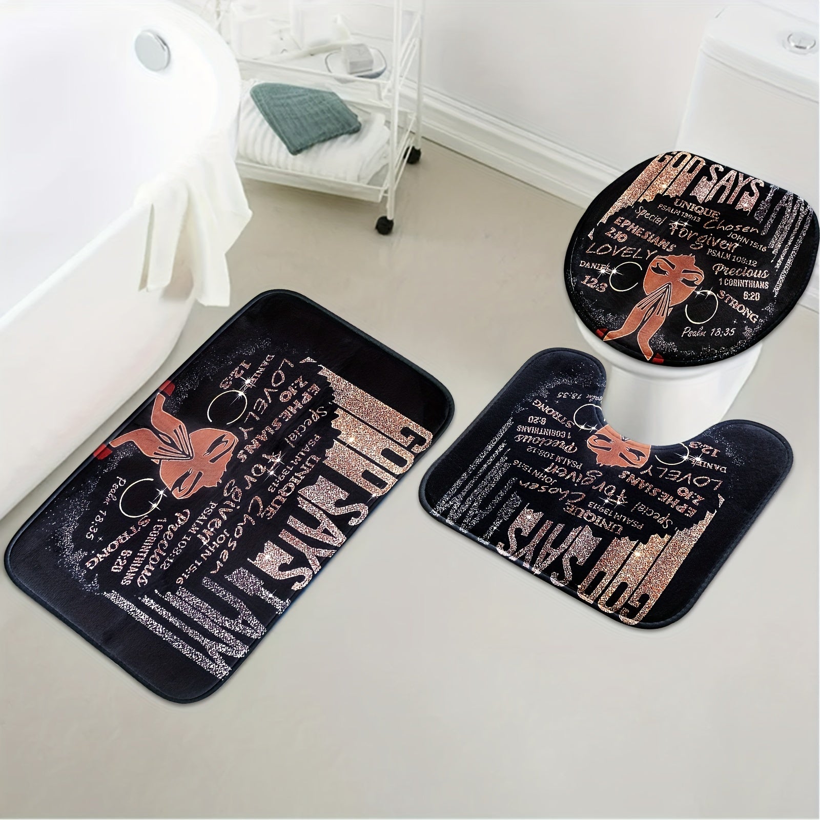 4pcs Sets Rugs Shower Curtain, Black Girl Pattern Shower Curtain With Hooks, Non-Slip Rug, Toilet U-Shape Mat, Toilet Lid Cover Pad
