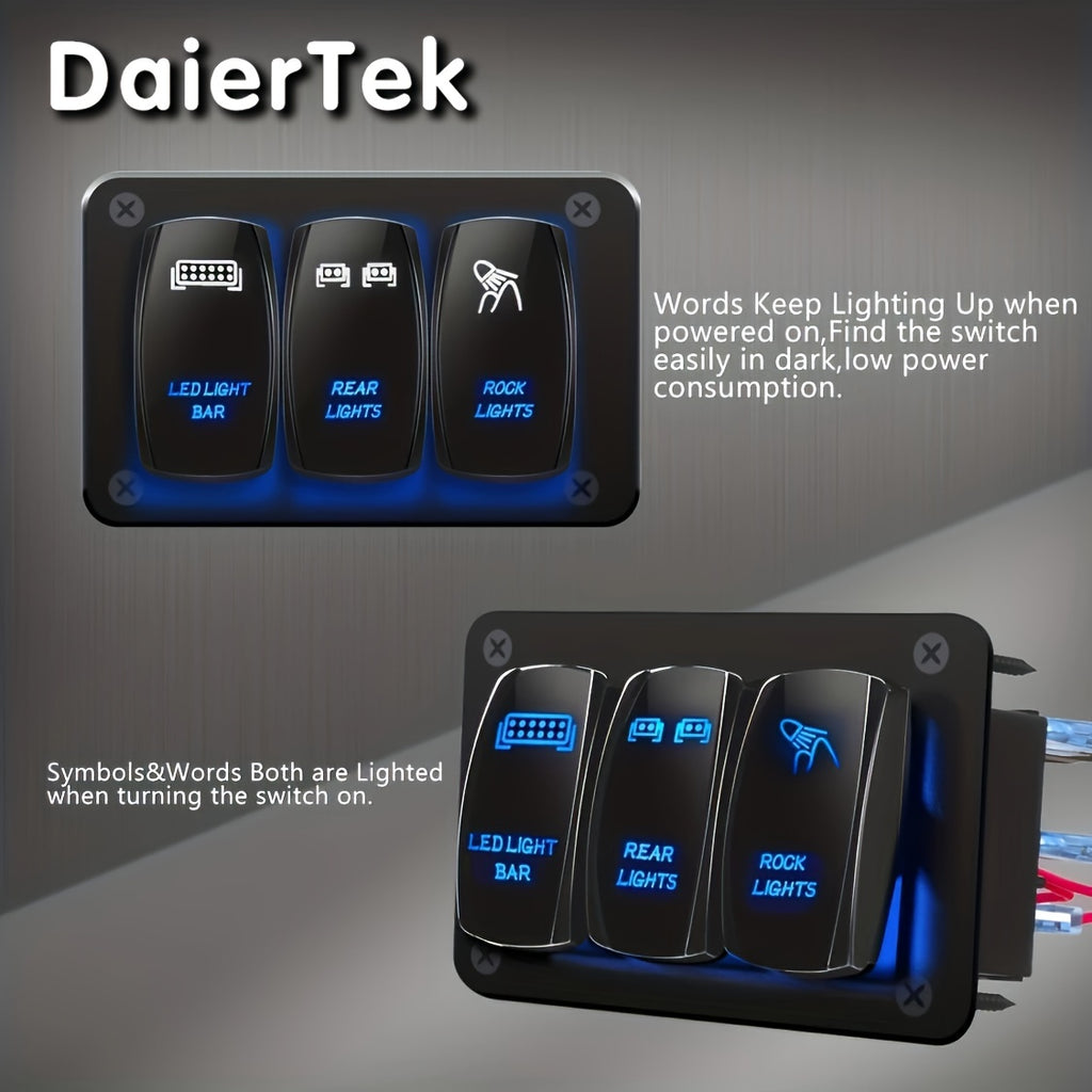 12V 3-Gang Rocker Switch Panel with LED Light Bar Switch -