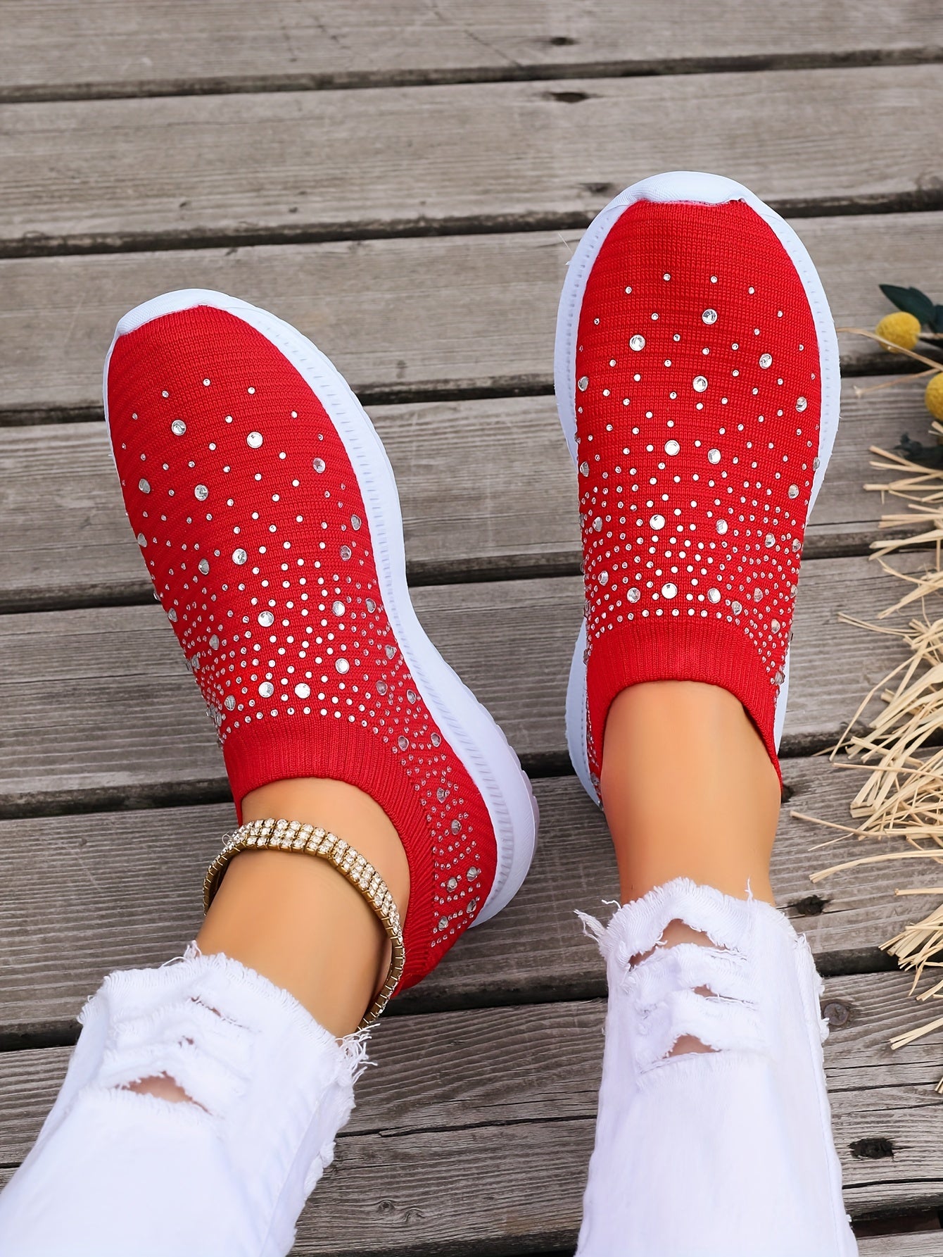 Women's Rhinestone Decor Slip-on Sneakers, Fly Woven Sports Shoes, Breathable Low Top Walking Shoes For Music Festival