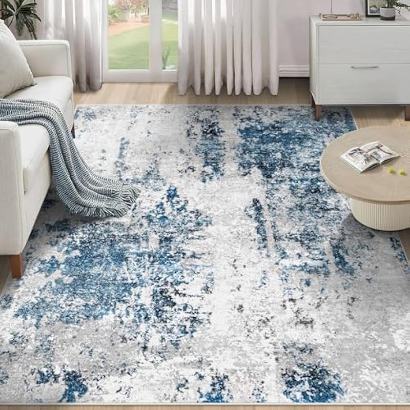 Area Rug 4x6 Washable Rug Modern Abstract Bedroom Rug NonSlip Soft Neutral Area Rug Stain Resistant Throw Rugs for Entryway Kitchen Door Mat Indoor Entrance Laundry Grey Blue 4'x6'