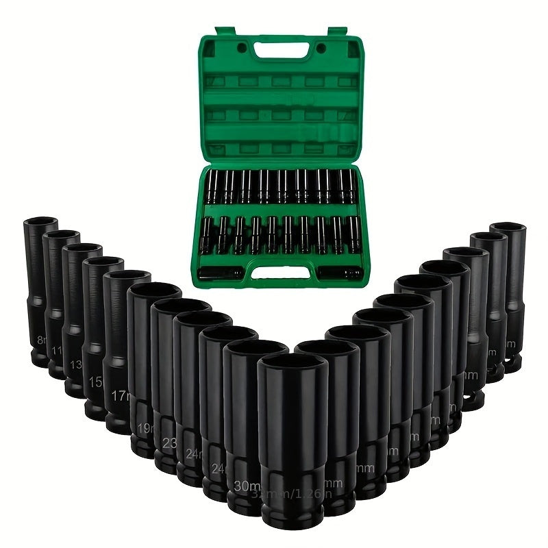 20pc Heavy-Duty Hex Impact Wrench Socket Set - 1/2 Drive, Chrome Vanadium Steel, Metric (8-32mm) Sizes, with Robust Plastic Toolbox - Perfect for Automotive Repair and DIY Projects