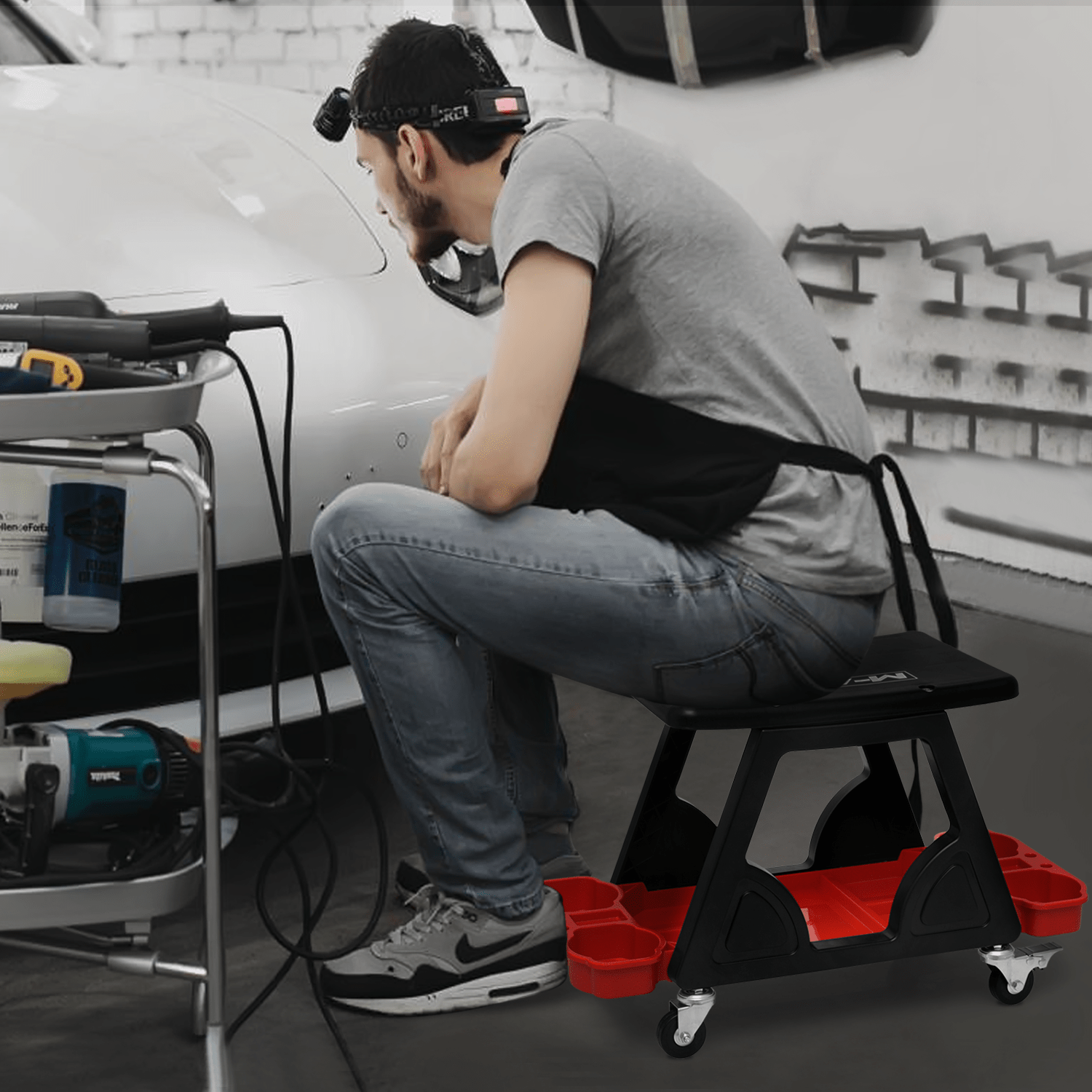 Mechanics Stool with Wheels, Roller Creeper Seat with Tools Storage Tray, Seat Chair for Home Garage DIY Automotive, 300 lbs Capacity