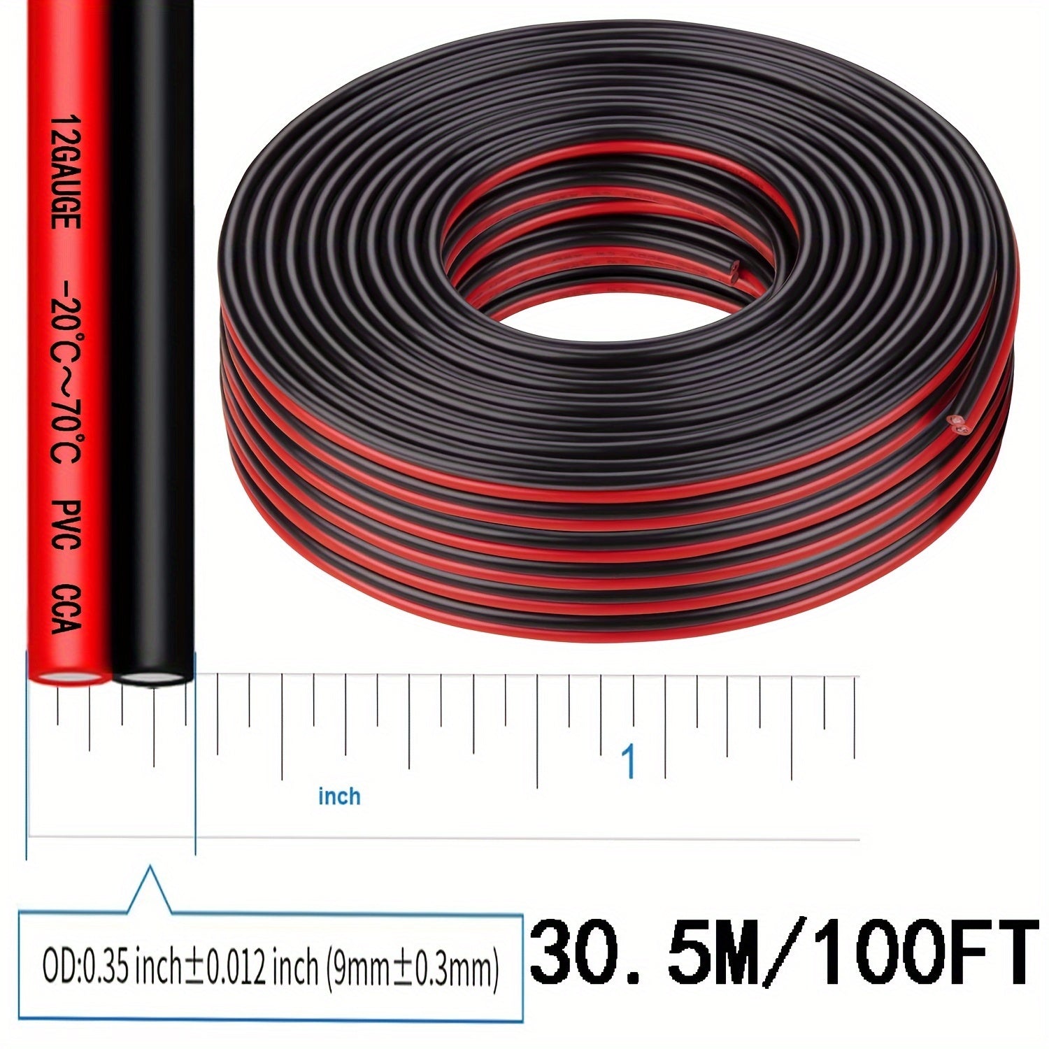 1pc 12 Gauge Twin Conductor Wire, 110V/220V Metal Electrical Cable, Red and Black PVC Insulated Copper Clad Aluminum Extension Cord for High Powered Speakers, LED, Automotive - No Battery Required