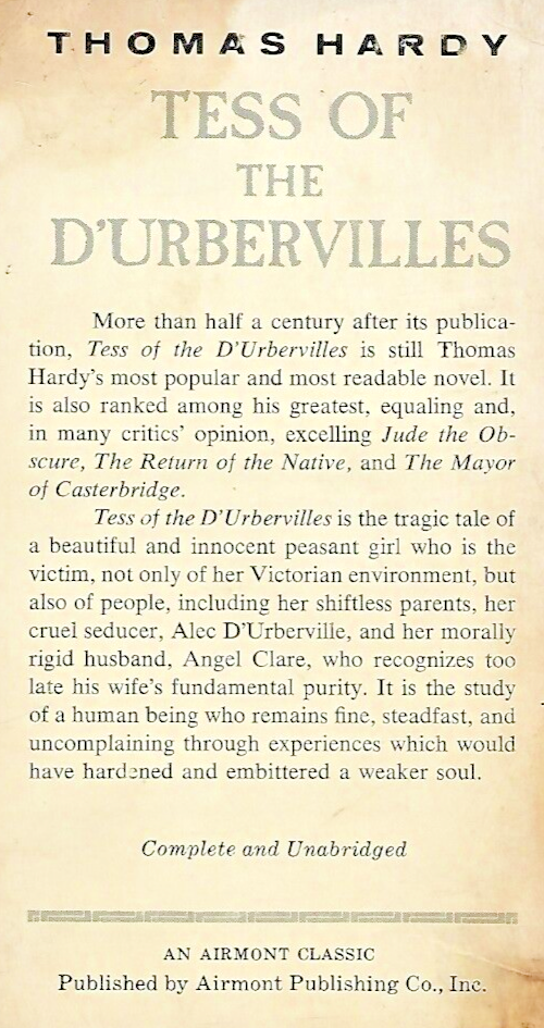 Tess of the D'urbervilled 1965 Airmont Classic by Thomas Hardy       "Good" B-17