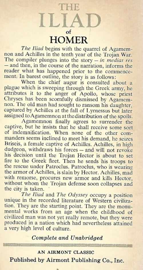 Iliad 1966 Airmont Classic by Homer "Good"                                  B-26