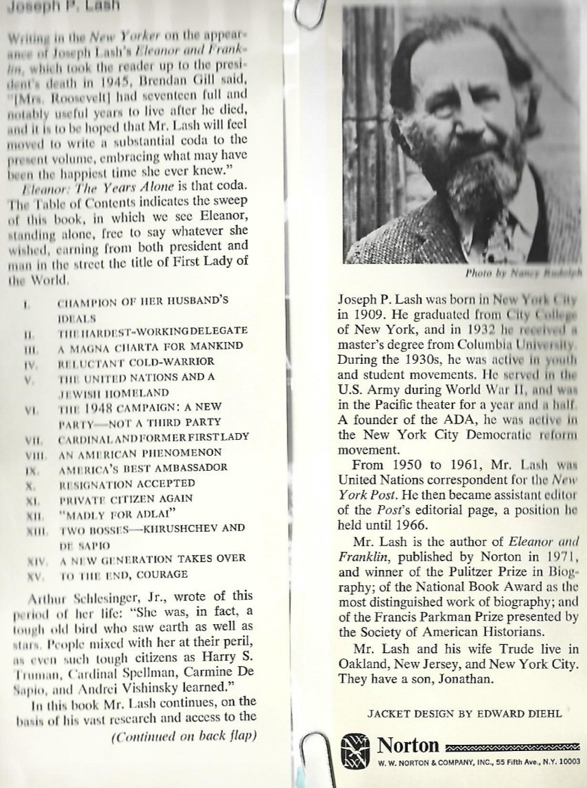 ELEANOR & FRANKLIN / ELEANOR THE YEARS ALONE H/C by J.P Lash  VG  B-30