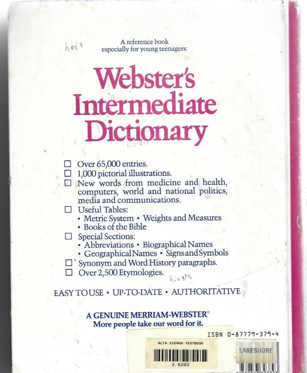 Webesters Intermediate Dictionary 1986 HC- Box B18