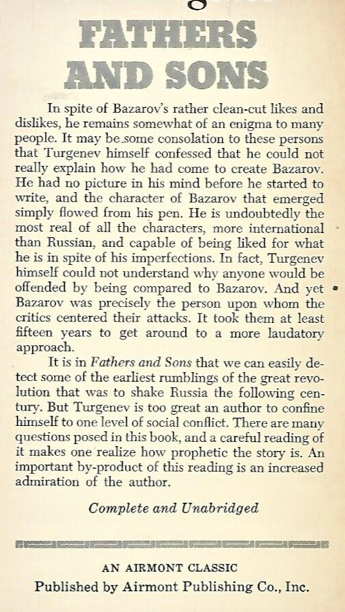 Fathers And Sons 1967 Airmont Classic by Ivan Turgenev"Good"                B-26