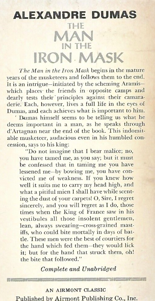 The Man in the Iron Mask 1967 Airmont Classic by A. Dumas Good              B-26