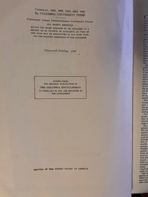 THE COLUMBIA ENCYCLOPEDIA In One Volume  Nineteenth Printing 1946            B-3