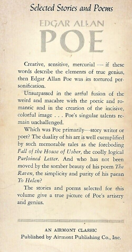 Selected Stories and Poems 1962 Airmont Classic "Good"                      B-26