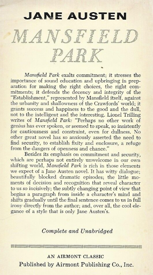 Mansfield Park A 1967 Airmont Classic by Jane Austen"VG" B-16