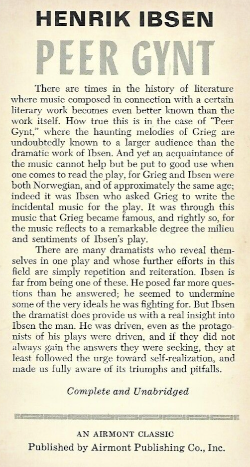 Peer Gynt 1967 Airmont Classic by Henrik Ibsen "Good"                       B-26