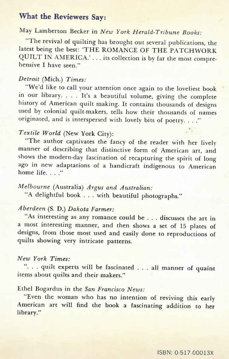 The Romance of the Patchwork Quilt 1935 HC by Hall & Kretsinger "VG"        B-28