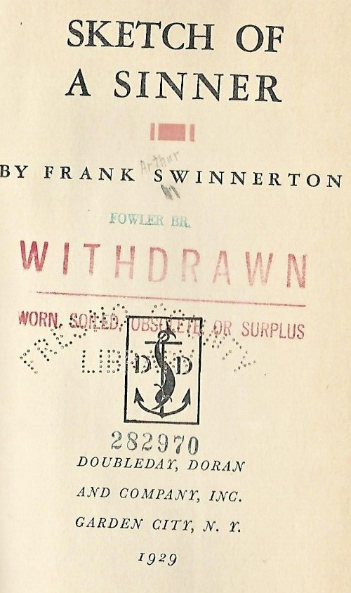 Sketch of A Sinner by Frank Swinnerton 1929 1st Edition HC  "Very Good"     B-19