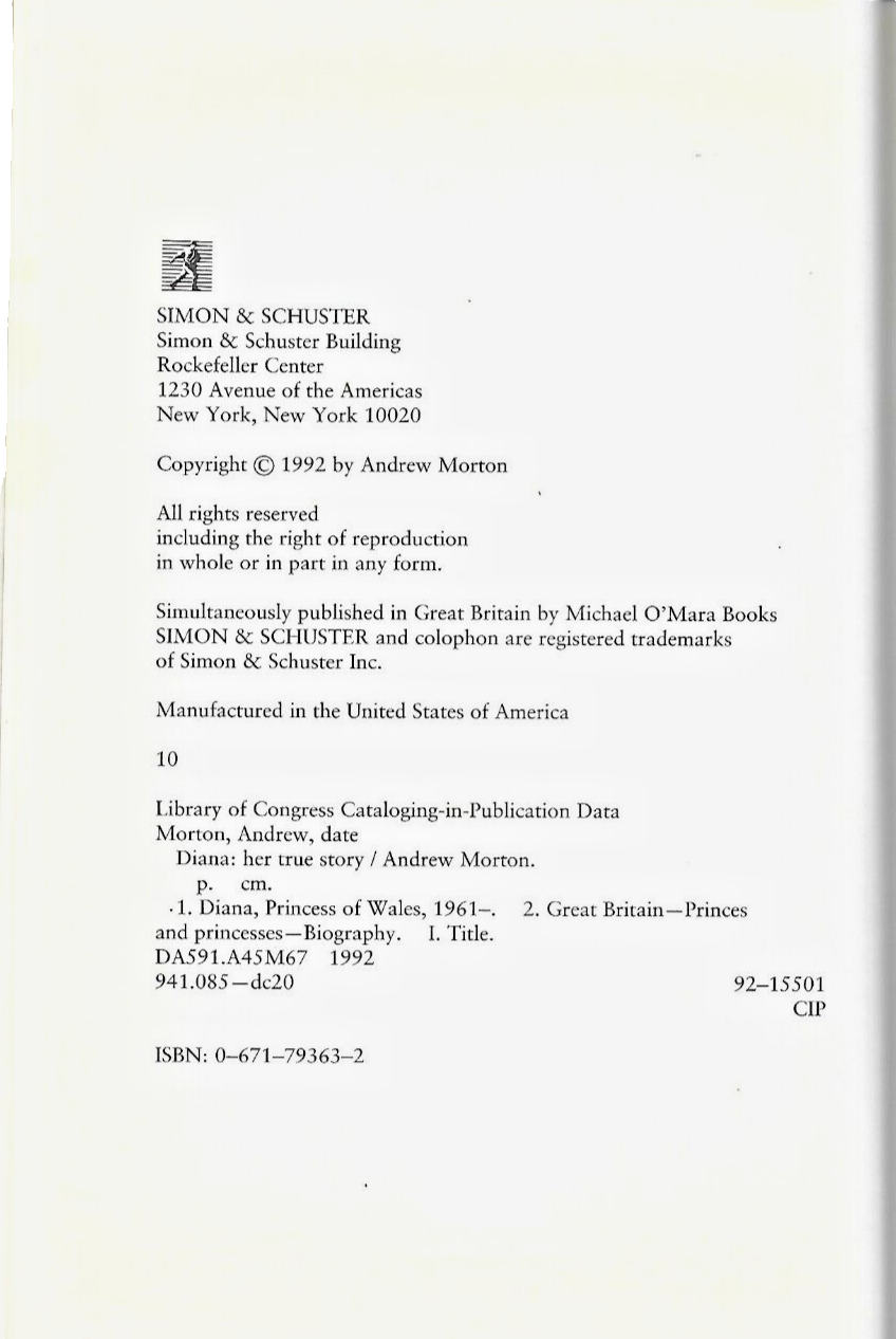 DIANA HER TRUE STORY by Andrew Morton 1992 HC                     B-10