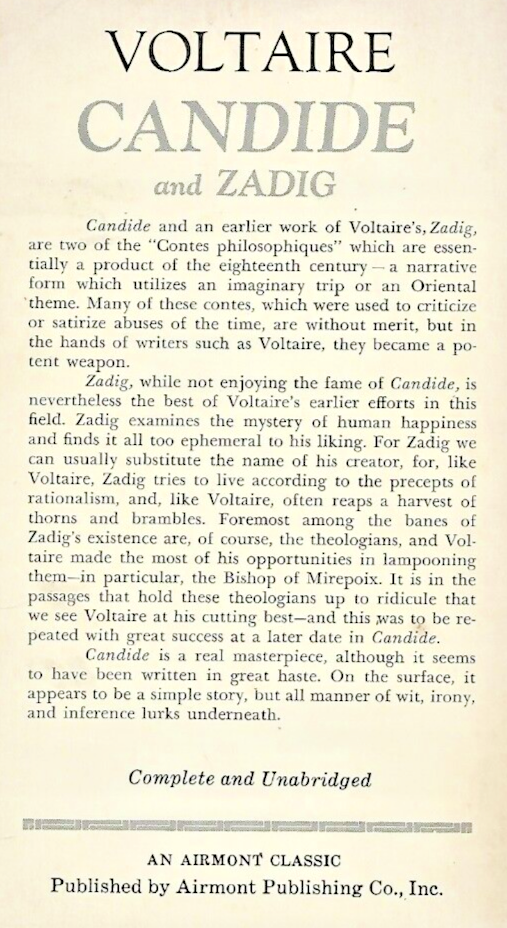 Candide and Zadig 1966 Airmont Classic by Voltaire "Good"                   B-26