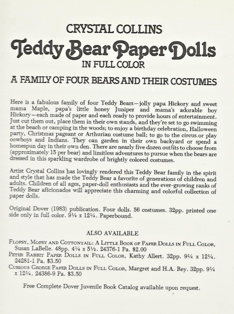 Vintage TEDDY BEAR PAPER DOLLS -  by Crystal Collins © 1983                  B-6