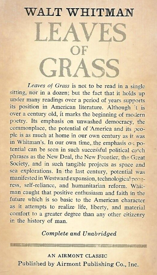Leaves of Grass 1965 Airmont Classic by Walt Whitman"Good"                  B-26