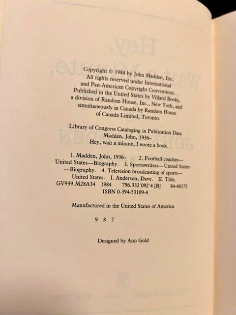 HEY WAIT A MINUTE I WROTE A BOOK:John Madden & Dave Anderson 1984            B-1