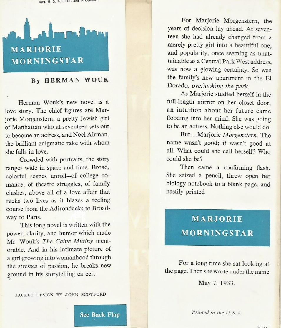 Marjorie Morningstar-1955- HC- 1st Edit by Herman Wouk "Good"               B-28