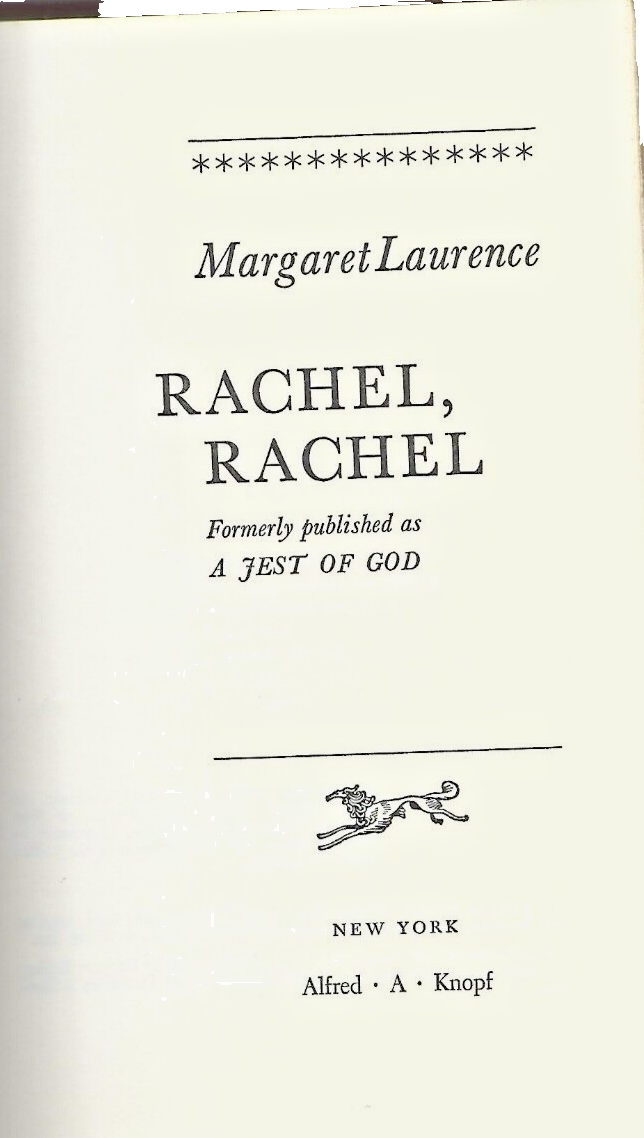 RACHEL, RACHEL by Margaret Laurence 1966 HC    B-10