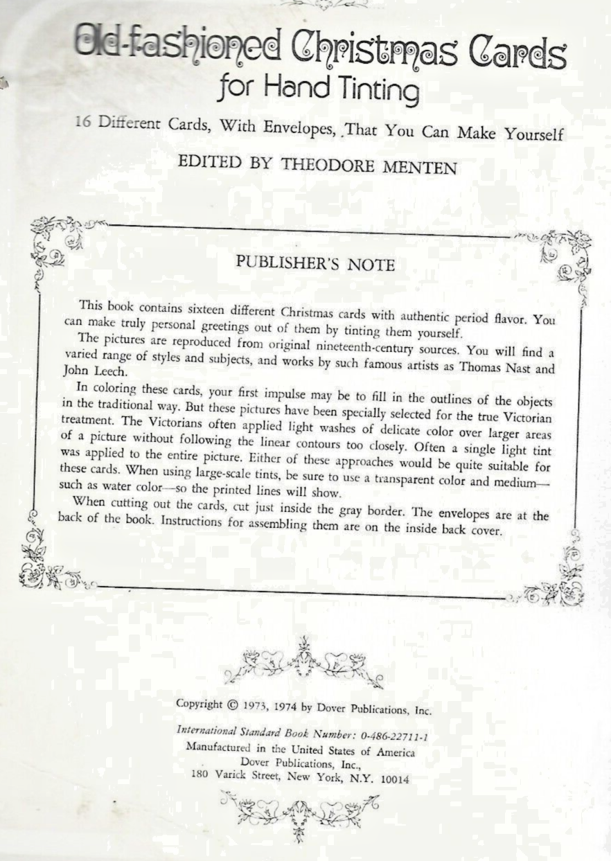 Vintage 1970's Dover Coloring Book Old-Fashioned Christmas Cards "VG"       B-29