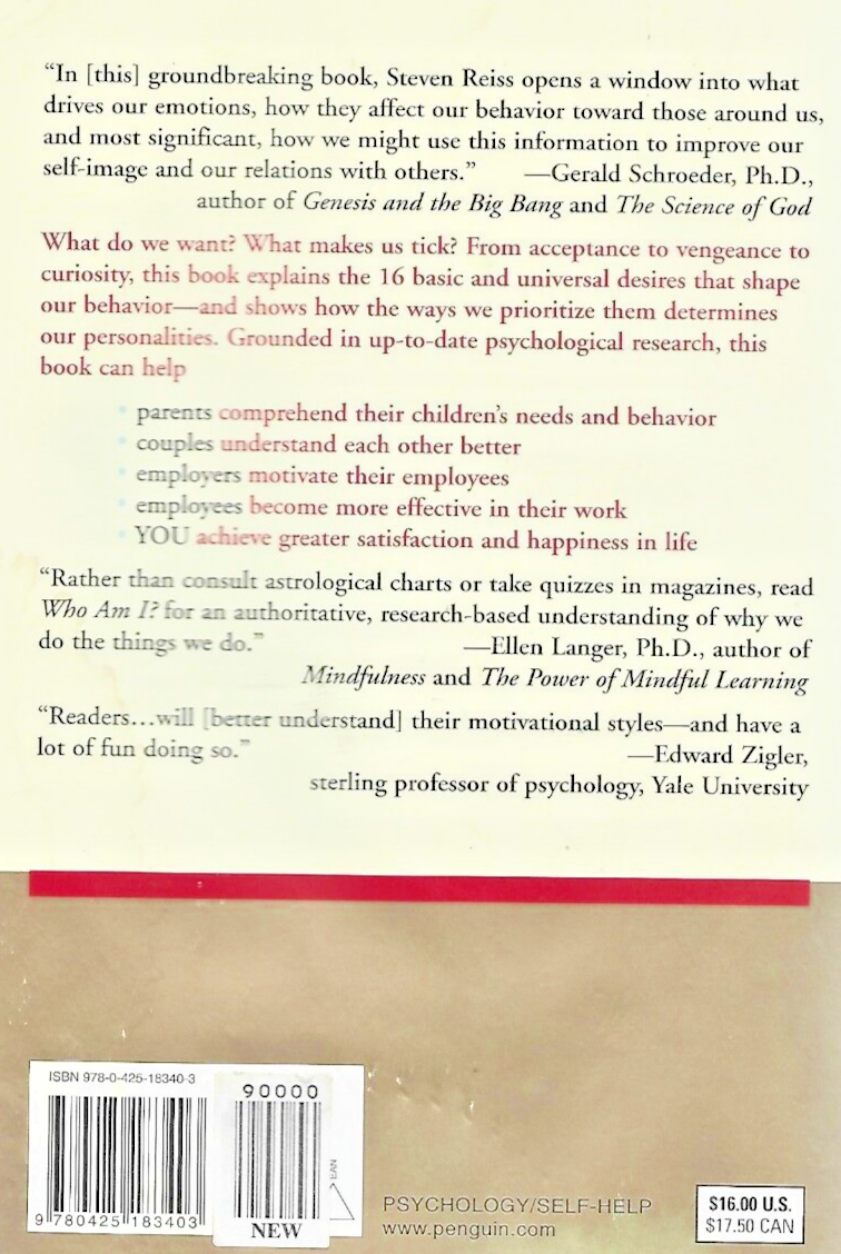 WHO AM I ?  by Steven Reiss  Ph.D.  2002 Paperback  " GOOD "          B-17