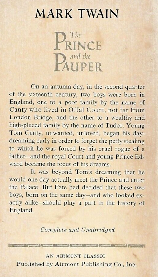 The Prince and the Pauper A 1964 Airmont Classic by Mark Twain B-16