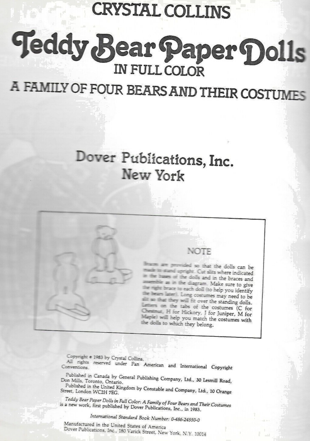 Vintage TEDDY BEAR PAPER DOLLS -  by Crystal Collins © 1983                  B-6