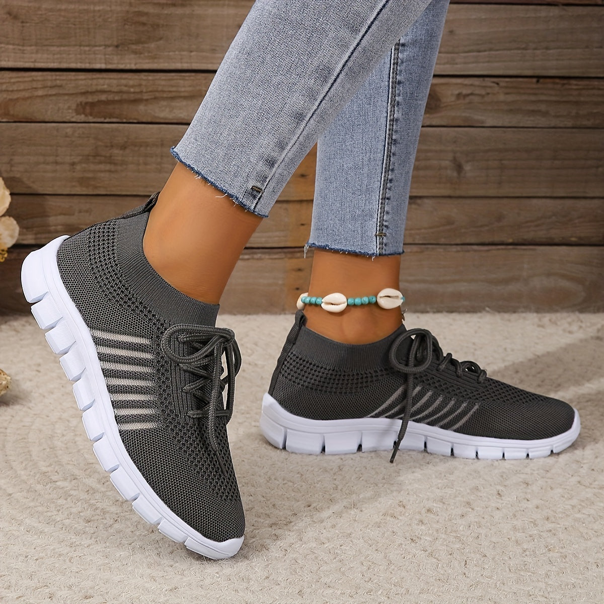 Women's Knitted Sports Shoes, Breathable & Lightweight Low Top Running Sneakers, Casual Outdoor Gym Jogging Trainers Plus Size