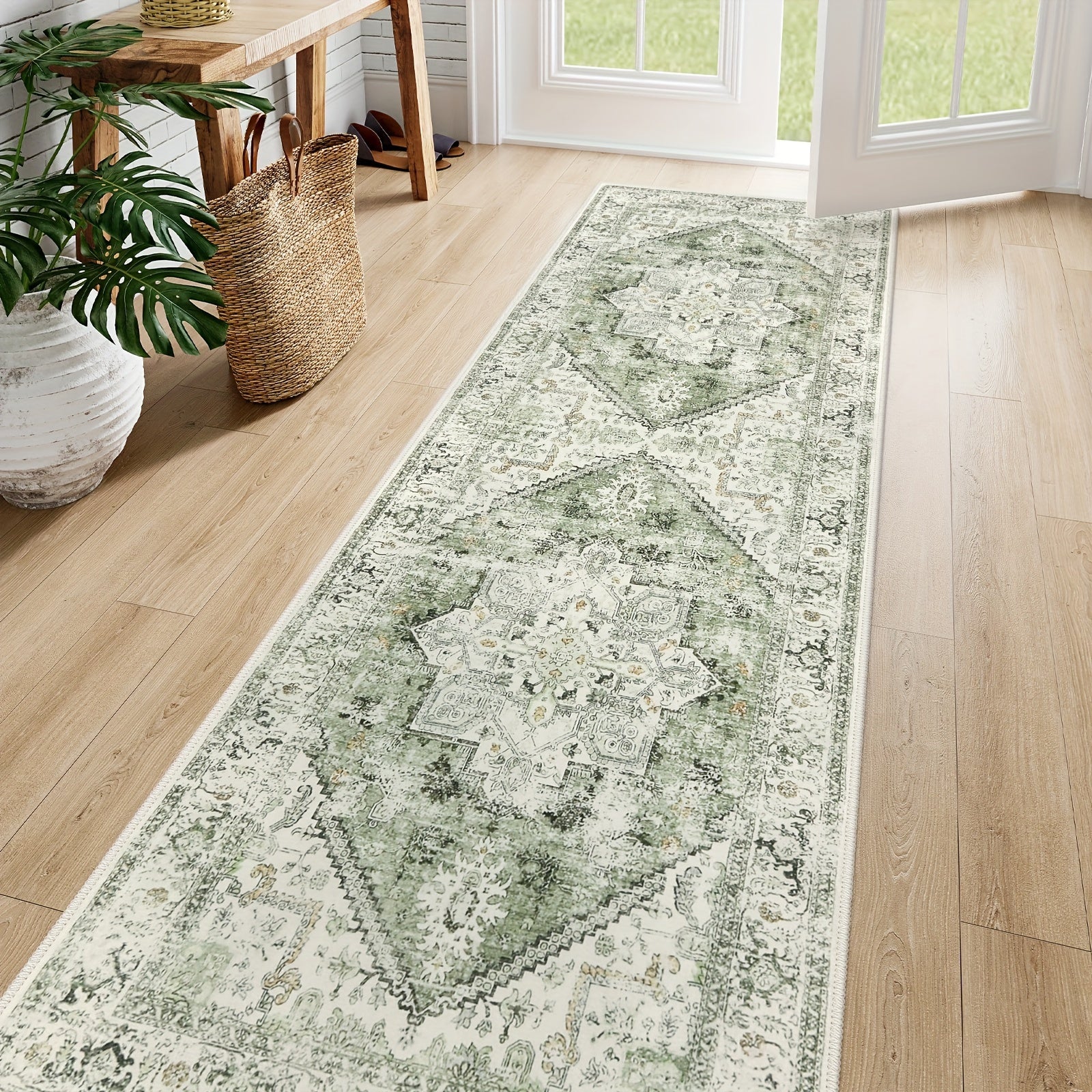Vintage Distressed Accent Rug - Area Rugs with Non-Slip Low-Pile Retro Carpet Print, Washable and Durable for Bedroom, Living Room, Office, and More - Unique Tribal Pattern, Easy to Clean, and Fade-Resistant