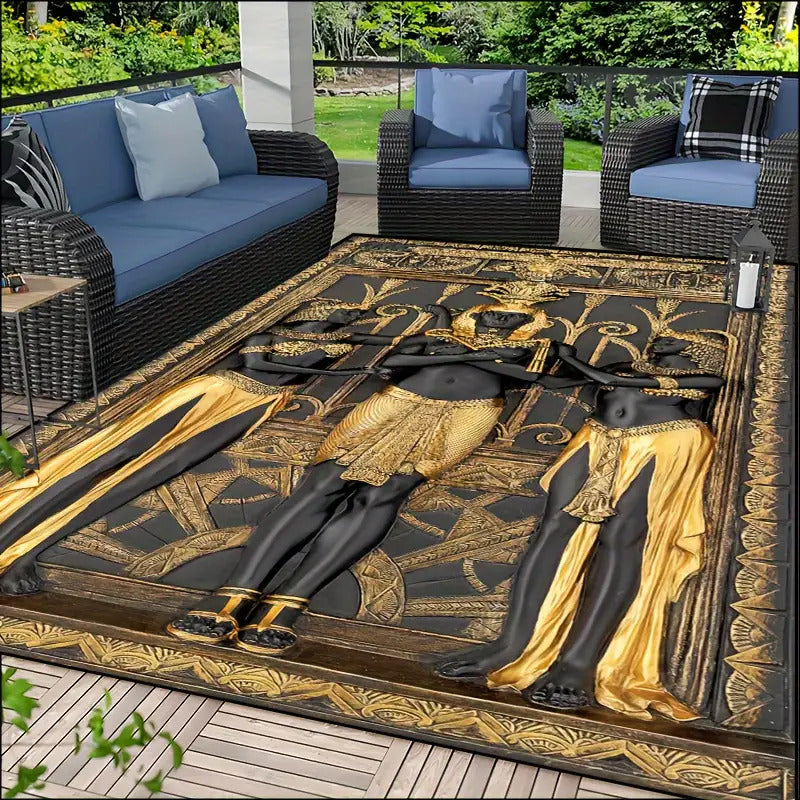Egyptian Three Golden Men Carpet - Machine Washable Luxury Mat with Golden & Design, Rectangular Floor Mat for Living Room, Bedroom, Office, Outdoor - Durable Polyester Home Decor Mat, Rugs For Living Room, Bedroom Accent, El
