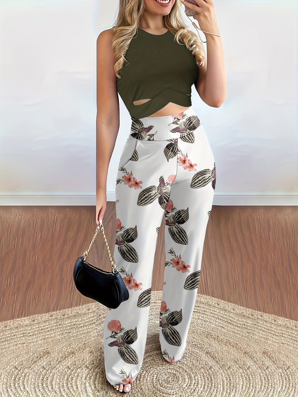 Casual Two-piece Pants Set, Crop Tank Top & Geo Print Pants Outfits, Women's Clothing