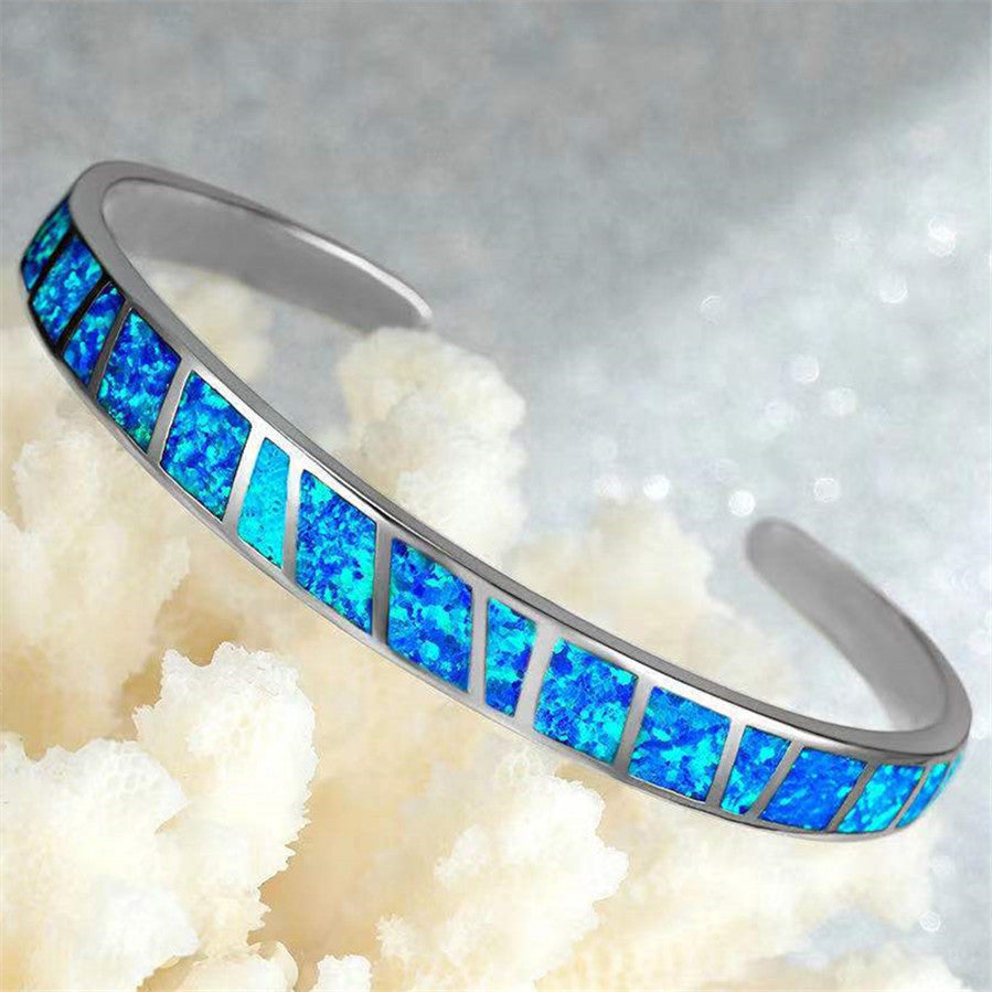 Vintage Blue Opal Open Bracelet - 18K Golden Plated Copper with Synthetic Stones,