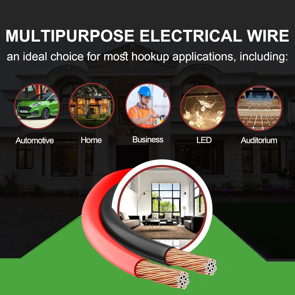 1pc 12 Gauge Twin Conductor Wire, 110V/220V Metal Electrical Cable, Red and Black PVC Insulated Copper Clad Aluminum Extension Cord for High Powered Speakers, LED, Automotive - No Battery Required