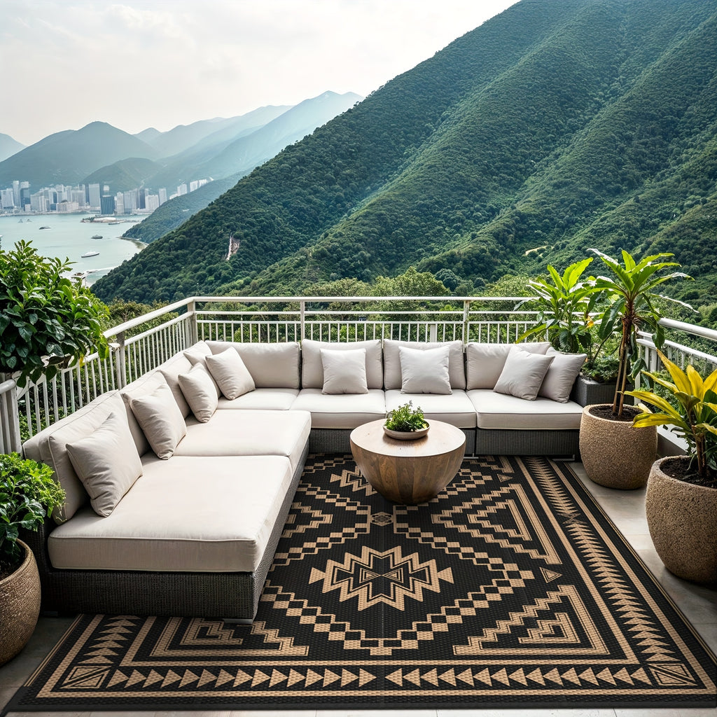 Reversible High Quality Outdoor Mat - Heavy-Duty Polypropylene Geometric Grid Pattern Mat, Lightweight Foldable with Storage Bag & Stakes for Patio, Deck, RV, Camping - Black/Brown, UV-Resistant &, Outdoor Rugs High Quality,
