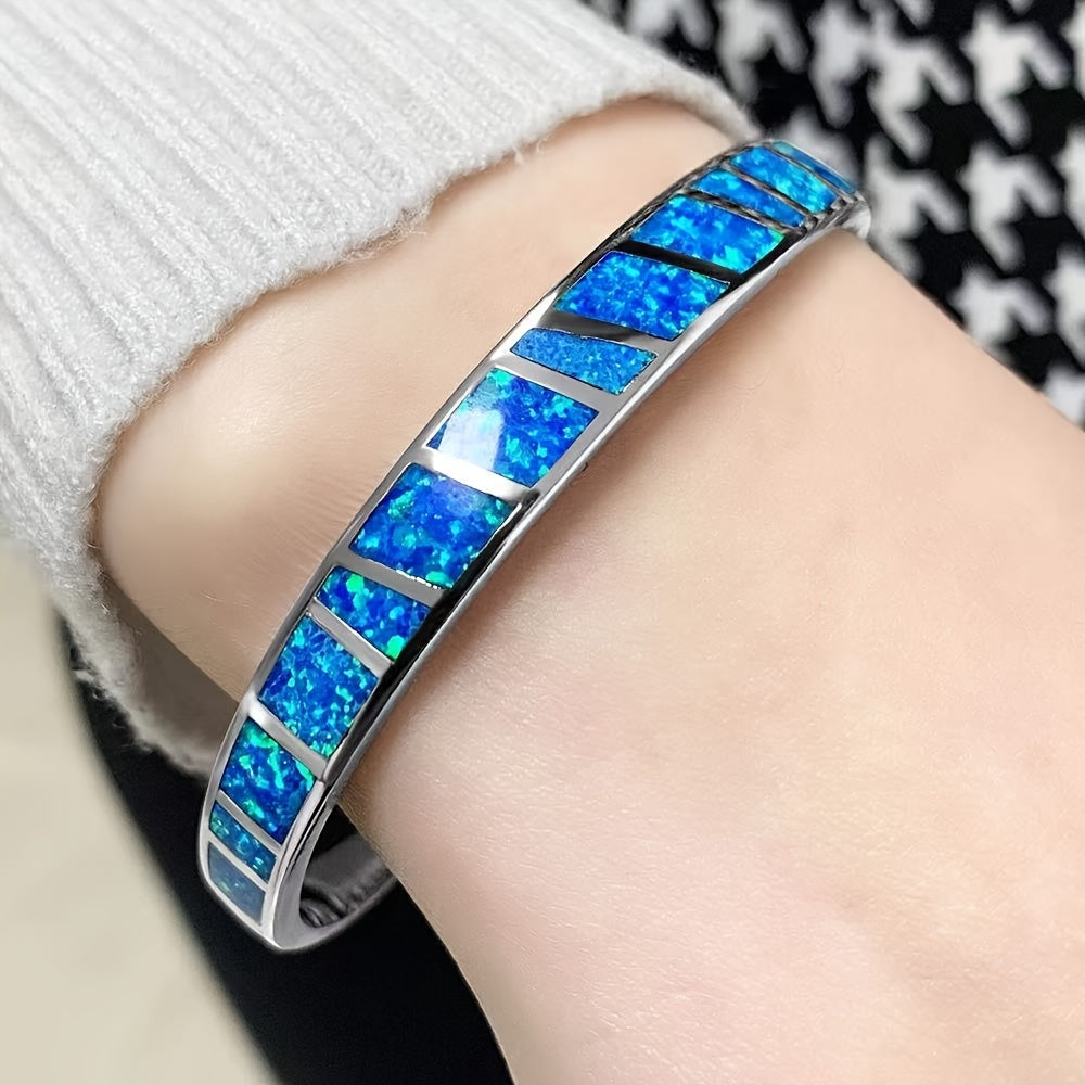 Vintage Blue Opal Open Bracelet - 18K Golden Plated Copper with Synthetic Stones,