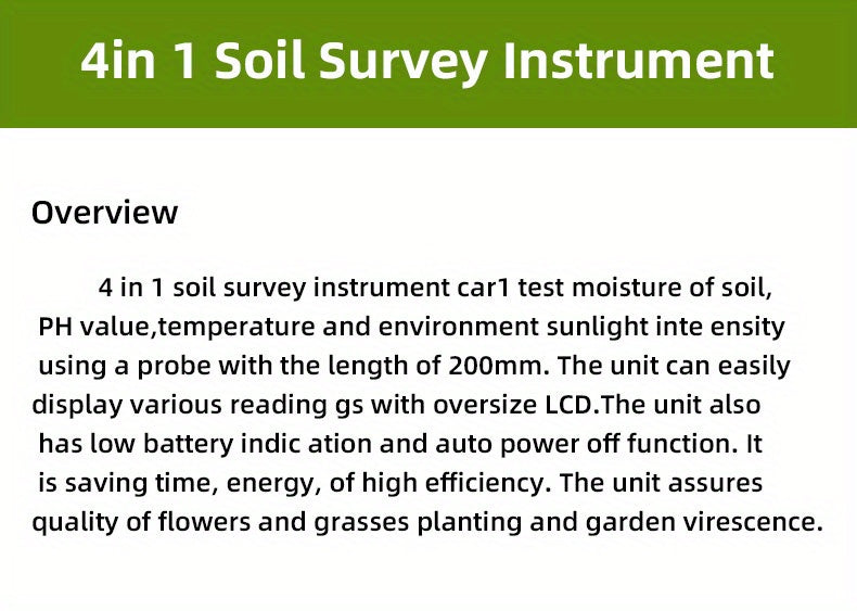 1pc 4-in-1 Soil Detector Light Temperature Soil Moisture Meter PH Value Soil Tester, Plant & Soil Monitoring