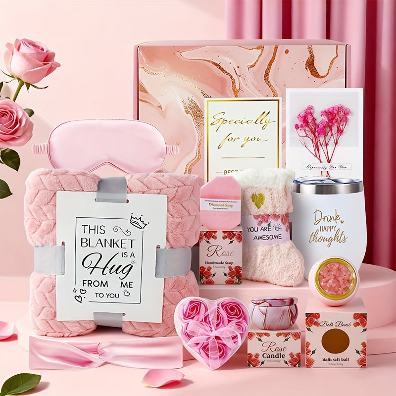 Bath Gift Set with Rose Scented Candles, Dried Flowers, Bath Salt Balls, Water Cups, Eye Masks, Gift Cards, Blankets, Soaps, Socks, Hair Ribbons, Can Be Used As Birthday, Christmas, Mother's Day, Valentine's Day Gifts for Fam