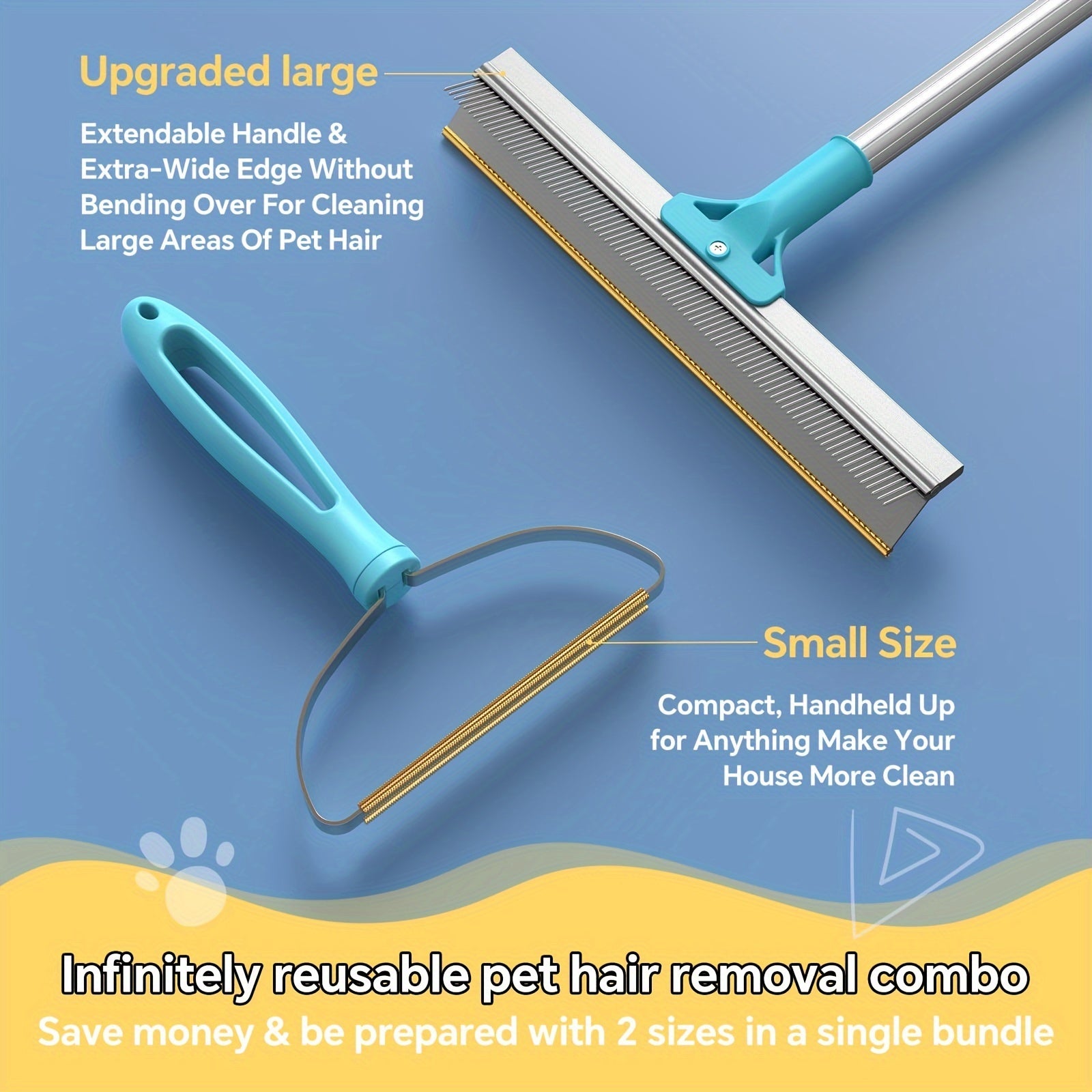 2 Pack Pet Hair Remover Bundle - Ajustable Longth Large Carpet Rake & Portable Scraper, Reusable Lint Remover Brush For Embedded For Removal From Hight/ Low Pile Rugs Stairs Carpet Dog Cat Hair Remover