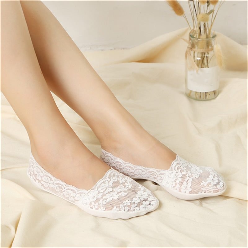 [Breathable Ankle Socks] 5 Pairs Women's Lace Trim No-Show Ankle Socks | Breathable Fabric, Floral & Solid Color Options, Low-Cut Invisible Socks for Casual & Formal Wear