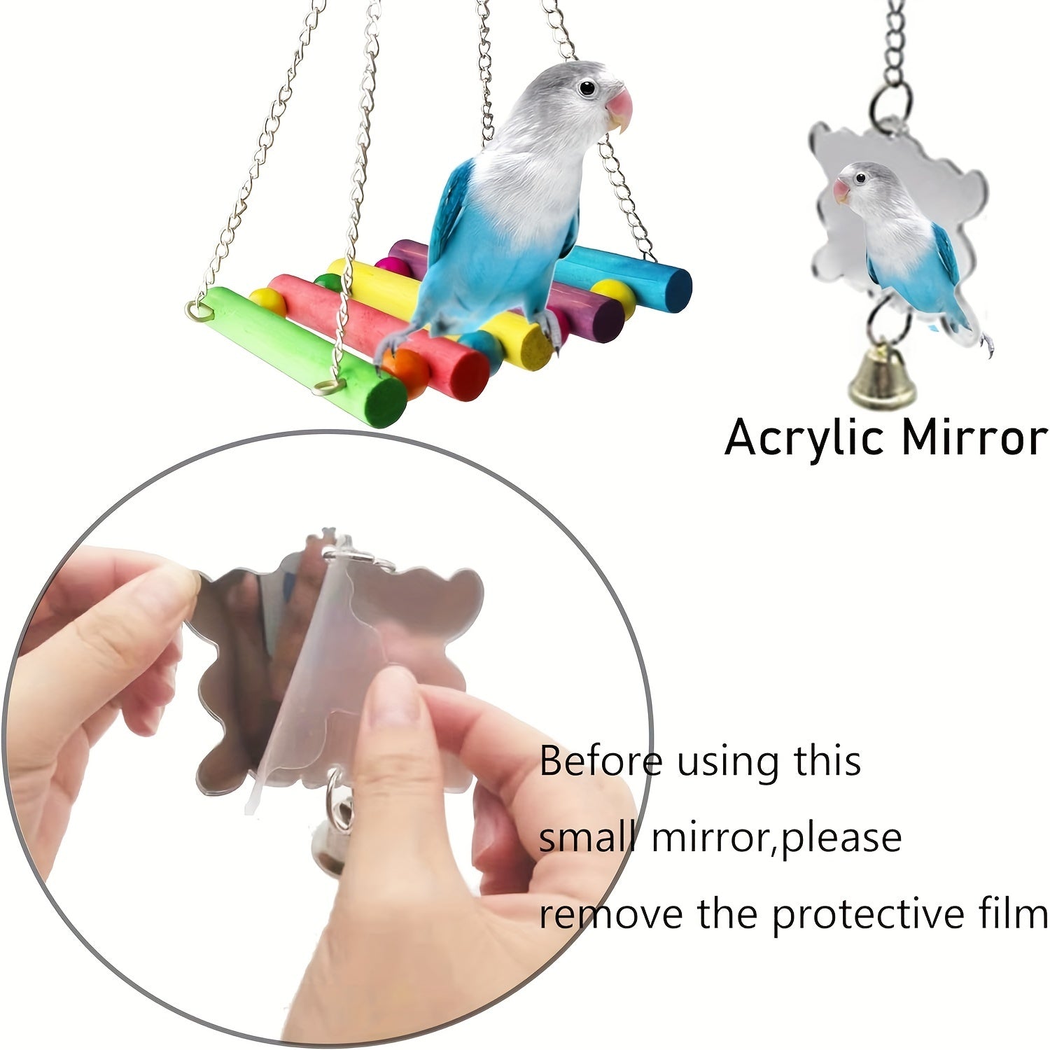 Colorful Wooden Bird Swing Toy with Mirror and Hanging Bridge -