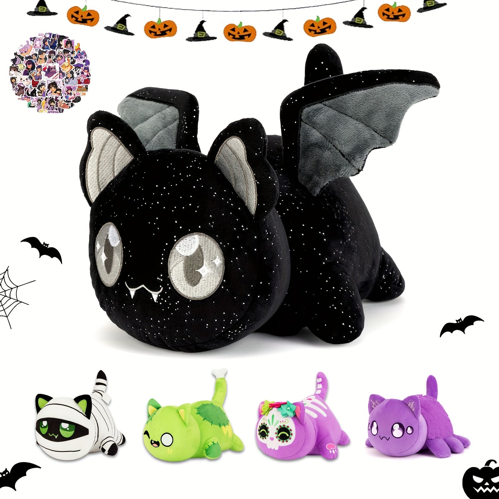 Mee-Meows Collection: Festive Cat Plush Toys - Bat, Spider, Mummy, Purple Sugar Skull, Zombie, and More - Great Gift for Kids & Fans - Ages 0-3
