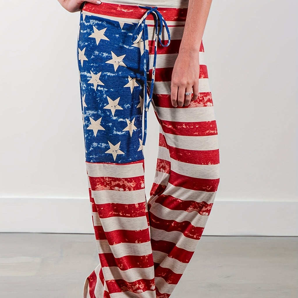 [American Flag Print Pants] Loose Fit Men's Casual American Flag Print Wide Leg Pants | Drawstring Waist, All-Season Comfort, Casual Weekend Attire, Starpattern Pants, American Flag Accessories