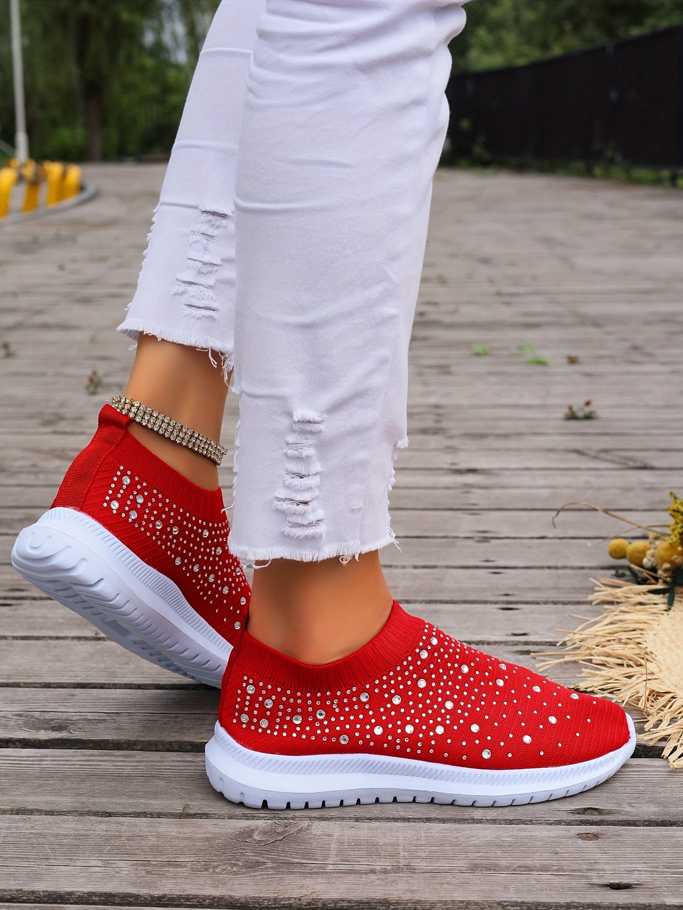 Women's Rhinestone Decor Slip-on Sneakers, Fly Woven Sports Shoes, Breathable Low Top Walking Shoes For Music Festival