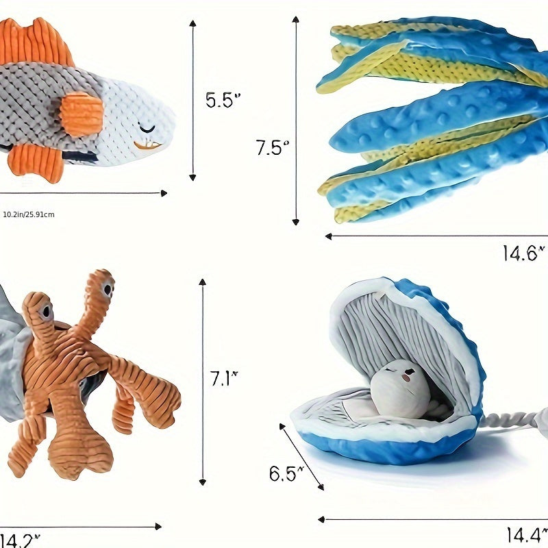 4-Pack Nocciola Ocean Theme Dog Toys - Crinkle Squeaky Interactive Plush Chew Toys for Puppies, Durable Non-Toxic Fabric with Octopus, Salmon, Hermit Crab & Shell Designs, Safe for Aggressive Chewers & All Dog Sizes, Interact