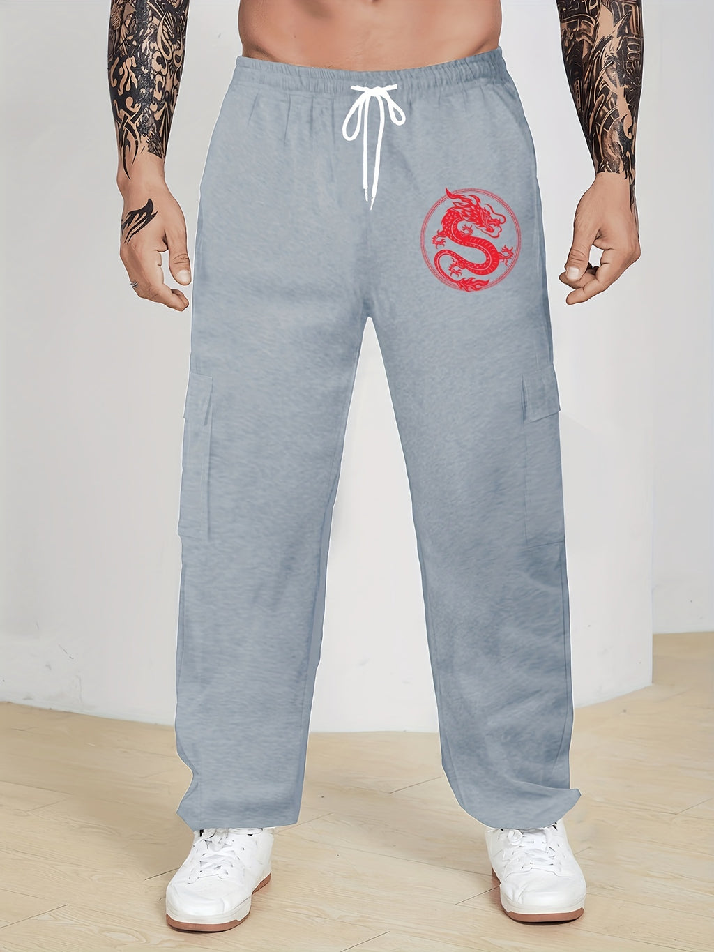 Plus Size Men's Thin Casual Style Graphic Print Cargo Pants, Trend Dragon Print Pants, Fashion Loose Slightly Stretch Comfortable For Sports, Suit For Big & Tall Guys