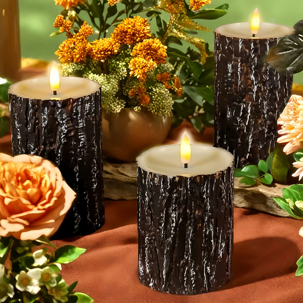 3pcs Rustic Wooden Flameless Candle Set - Artificial Tree Design, Battery Operated, Festive Tabletop Decor for Wedding, Easter, Mother'S Day, Fireplace Mantel, No Battery Included, Seasonal Celebration Decor | Natural Wood Fi