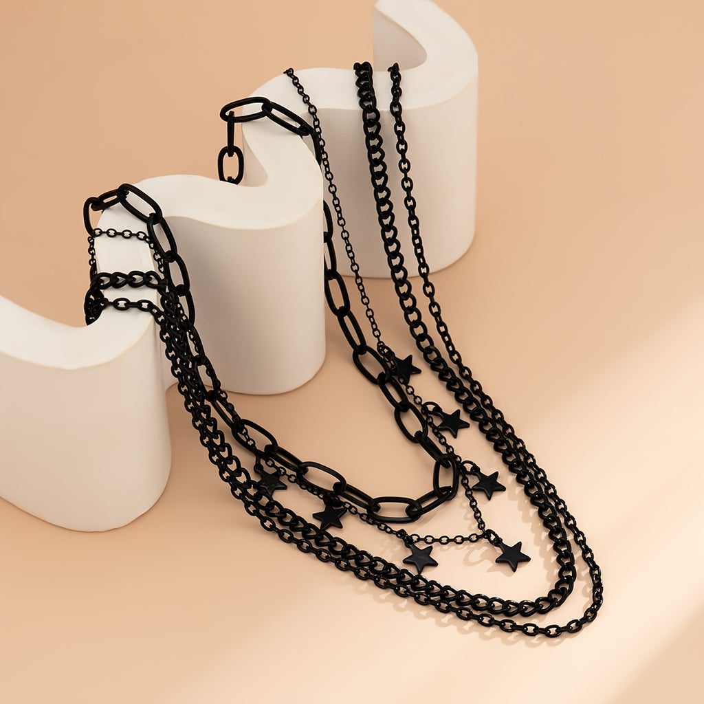 4pcs Gothic Black Star Element Pendant Tassel Hip Hop  Chain Necklace Set Party Jewelry for Women.Kpop style jewelry.